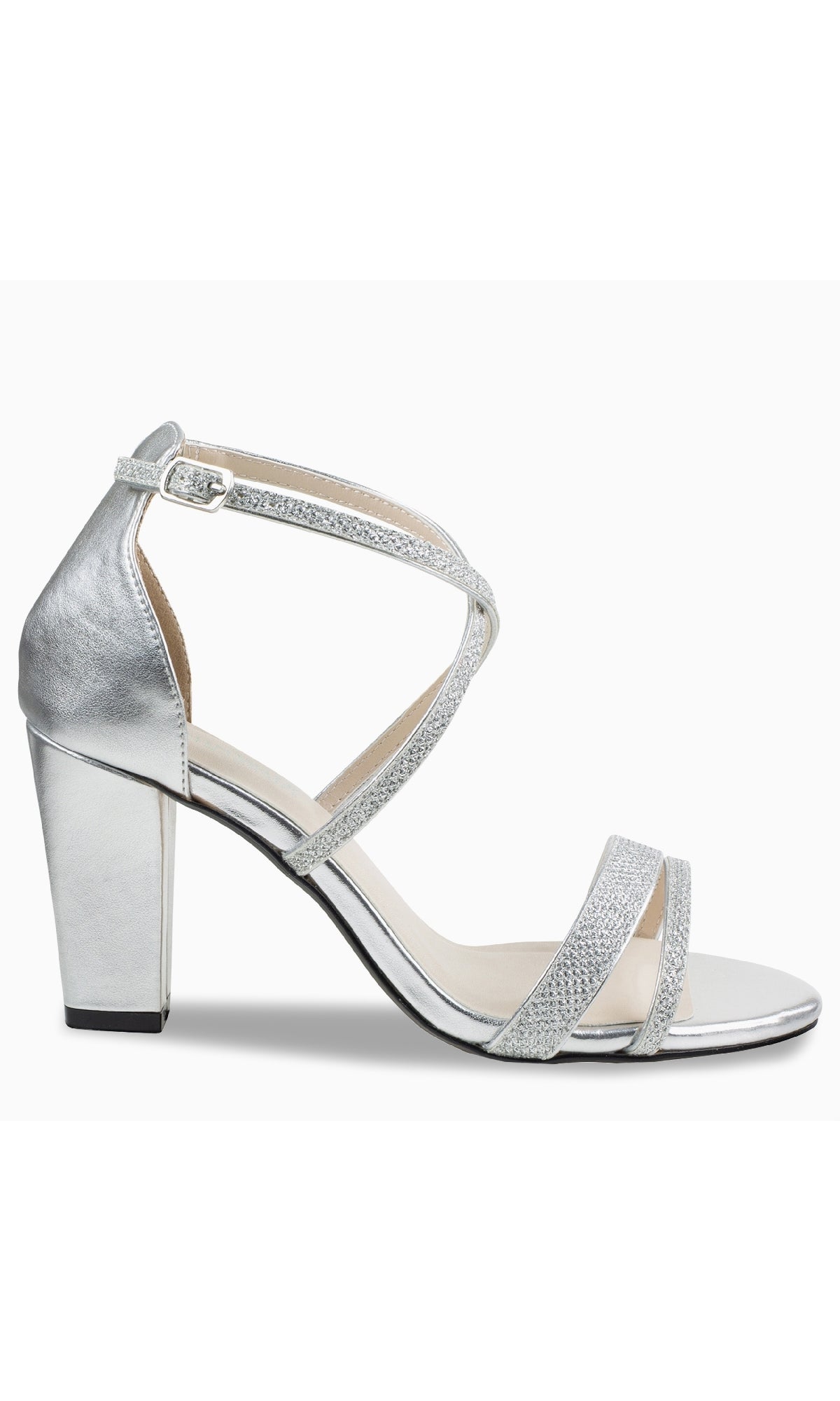 The Daphne Silver Prom Shoes (Touch Ups 4617) feature a block heel, ankle strap, crisscross design, and open toe—ideal for a glamorous night out.